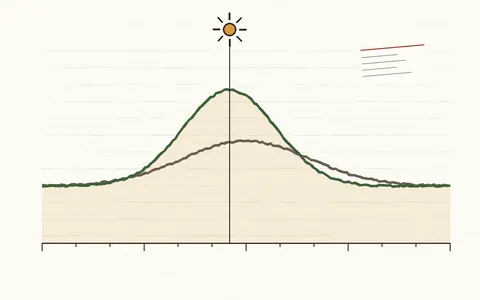 A hand-drawn ledger chart showing a tall green summer solar curve and a low umber winter curve across a ruled year, with a small sun marking noon