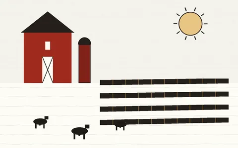 A red barn and dark silo beside rows of solar panels in a white snowfield, with black cows grazing in the foreground and a pale low winter sun